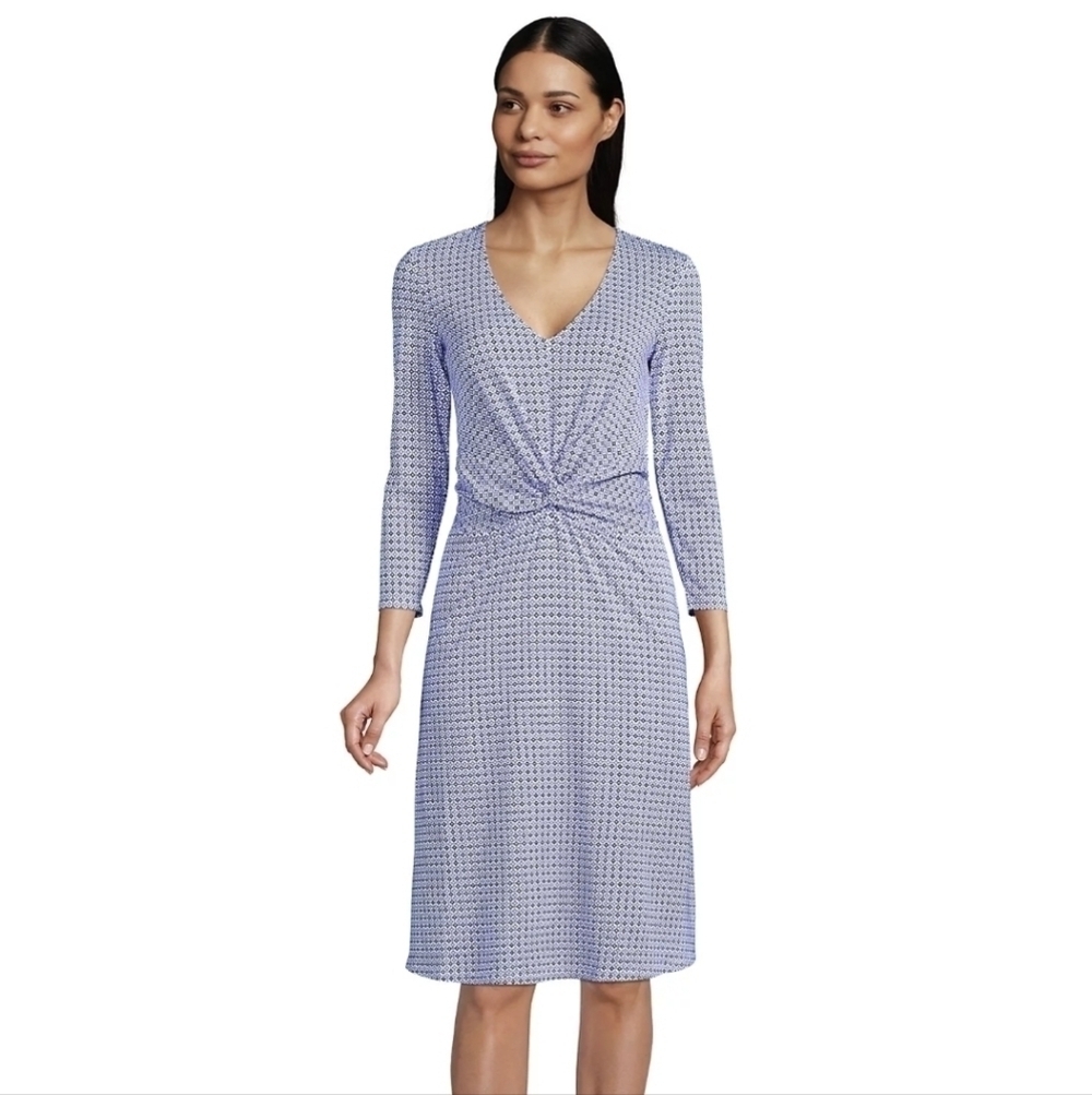 Land's End Preppy Cotton Modal 3/4 Sleeve Athleasure V Neck pockets dress